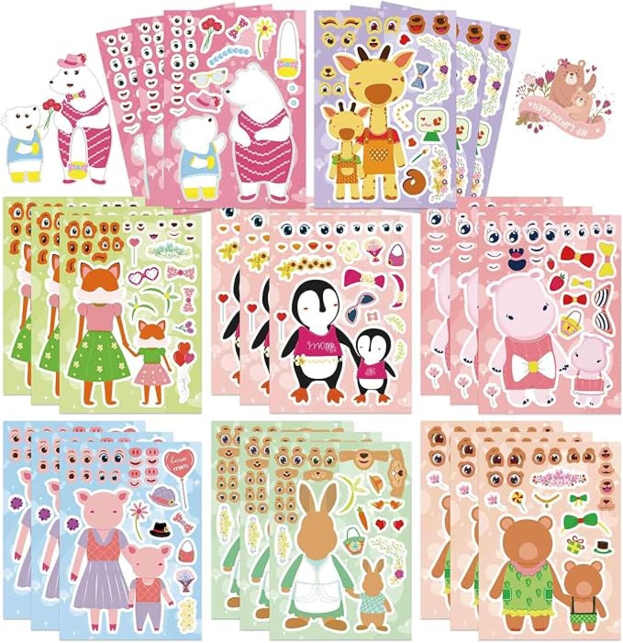 24 Sheets Mother’s Day Stickers for Kids – Make Your Own Animal Stickers, Happy Mother’s Day Craft Stickers, Love Mom Labels, Party Supplies